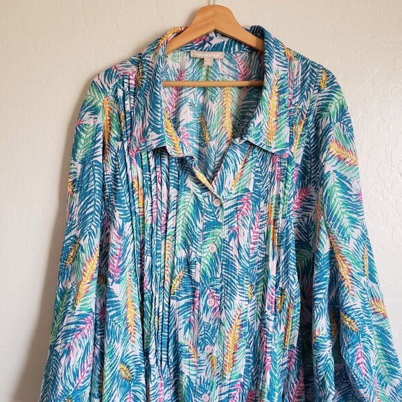 Woman Within Gauzy Pintuck Tropical Button Up Tunic Blue Sz 4X Roll Tab Vacation - Picture 3 of 11